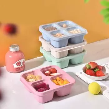 Квадратная коробка для бенто с четырьмя отделениями, поднос с орешками и крышкой, коробка для ланча из пшеничной соломы, коробка для закусок, коробка для сухофруктов синий