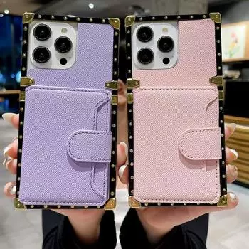 Квадратный чехол для iPhone 14 13 12 11 Pro Max XS MAX XR XS X 7 8 Plus со съемным отделением для карт, женский защитный чехол-кошелек for iphone 12 Pro фиолетовый