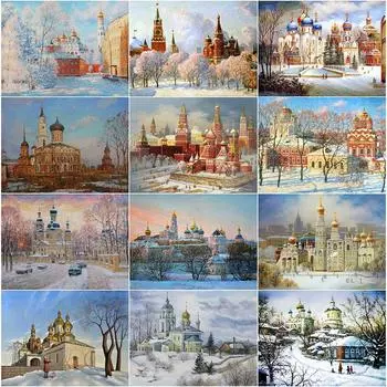 Квадратный/круглый алмазная живопись Пейзаж Вышивка бисером Алмазная мозаика Церковь Набор для вышивки крестом Зимние стразы Искусство Настенное искусство Full Round 20X30CM красный