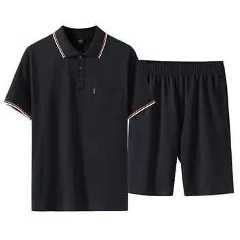 L -5xl Летний костюм Спорт и досуг Две части с короткими рукавами Футболки Шорты Поло Рубашка XXXXXL чёрный
