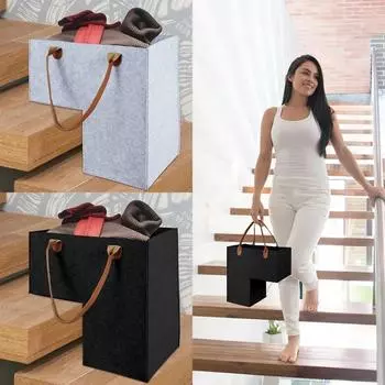 L-Shape Basket with Leather Handles for Stair Clothes Kids Toys Space Saving Staircase Storage Organizer Home Office Stair Decor чёрный