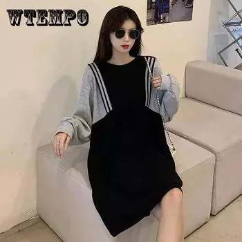 L-XXXXL Платье-свитер выше колена Женское весенне-осеннее платье больших размеров с длинным рукавом свободного покроя L чёрный