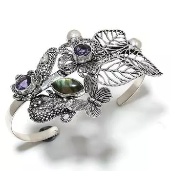 Labradorite, Amethyst Gemstone 925 Sterling Silver Cuff Bangle Adjustable w5V38