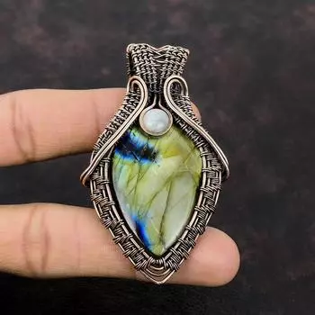 Подвеска из лабрадорита и меди, подвеска из медной проволоки, подвеска из драгоценного камня ручной работы, подарок для нее, подвеска из радужного лунного камня, ювелирные изделия из медной проволоки