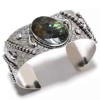 Labradorite Gemstone Handmade 925 Sterling Silver Cuff Bangle Adjustable a3r02
