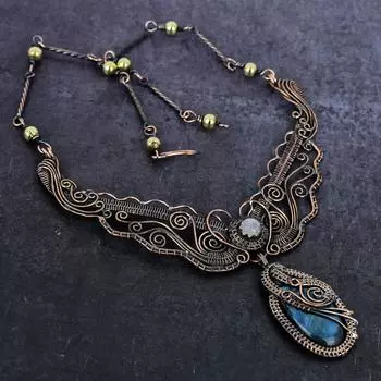 Labradorite, Moonstone Gemstone Copper Wire Wrap Jewelry Necklace 18 P0S07
