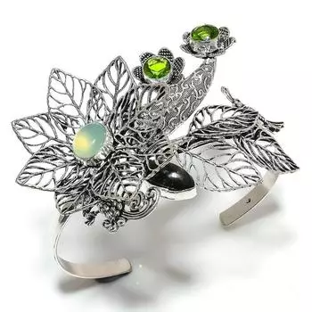 Labradorite, Peridot Gemstone 925 Sterling Silver Cuff Bangle Adjustable L6H75