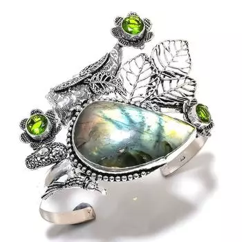 Labradorite, Peridot Gemstone 925 Sterling Silver Cuff Bangle Adjustable i0o37