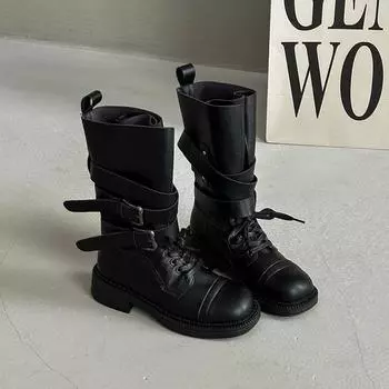 Lace-up buckle retro fashion Martin boots women s new locomotive boots thick heel short boots single boots 35