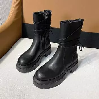 Ladies Boots Half High Lace-up Black Platform with Laces Biker Mid Calf Shoes for Women Footwear Comfortable and Elegant Gothic 35