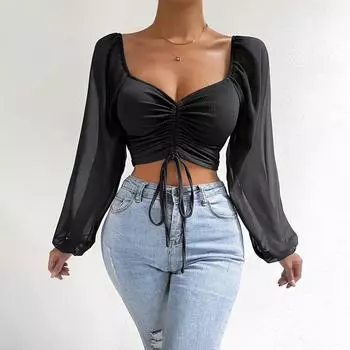 Ladies Casual Solid Color Square Neck Pullover Mesh Splicing Sexy Fashion Top L чёрный