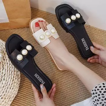 Женская удобная верхняя одежда Pearl Flat, модные элегантные туфли на плоской подошве, тапочки в корейском стиле, бежевые, черные, на низком каблуке, повседневные пляжные шлепанцы 35