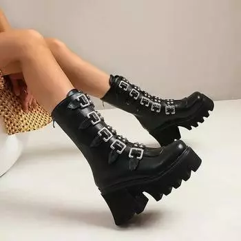 Ladies Punk Rock Platform High-heeled Boots with Thick-soled Handsome Rear Zipper Large Size Stage Boot Fashion Women s Shoes PU 35 светло-коричневого