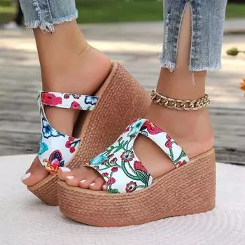 Ladies Shoes 2024 High Quality Plus Size Women s Slippers Fashion Printing Dress Slippers Women New Peep Toe Platform Slippers 35