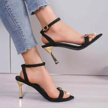 Ladies Shoes 2024 Hot Sale Buckle Strap Women s Sandals Fashion Metal Decoration Dress Sandals Women New Peep Toe Heeled Sandals 36 чёрный