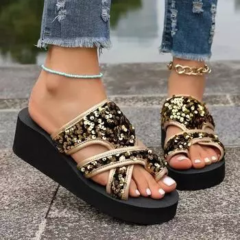 Ladies Shoes Hot Sale Thong Women s Slippers Outdoor Casual Slippers Women Round Toe Bling Platform Wedges Plus Size Sandal 41 серебряный