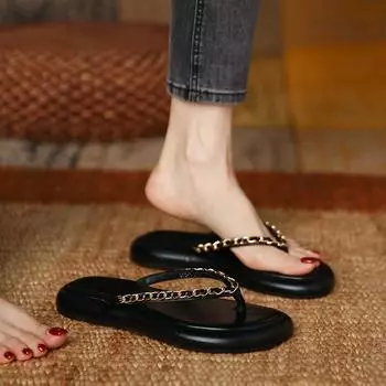 Ladies Shoes on Sale New Fashion Metal Chain Women s Slippers Summer Flat Casual Beach Flip Flops for Women Chaussure Femme 35 абрикосовый