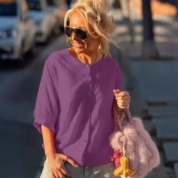 Ladies Spring Summer Half Sleeve All Match solid color Blouse Shirt Top S фиолетовый