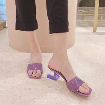 Ladies Square Headed Transparent Thick Heel High-heeled Sandals and Slippers 36 фиолетовый