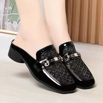 Lady Elegant Black Pu Soft Leather Spring Slip on Square Heel Shoes for Spring Summer Luxury Brand Hollow Breath Solid Shoes 35(Foot22.5cm)
