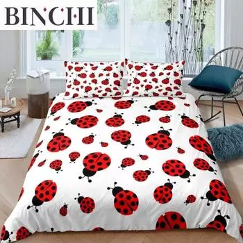 Ladybug Duvet Cover Set 3D Ladybug Printed Bedding Set For Kids Boys Girls Flying Entomology 2/3pcs Soft King Size Quilt Cover EU single(135x200cm)