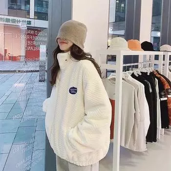 Lamb fur coat women s imitation rabbit plush Korean version medium and long loose stand-up collar thickened coat women s autumn and winter S белый