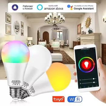 Лампочка 85-265 В 12 Вт 15 Вт 18 Вт E27 A60 Tuya 2,4 ГГц WiFi RGB+CW работает с голосовым управлением Google Assistant/Alexa, таймер переключения лампочек