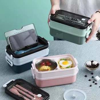 Ланч-бокс Bento Box для студентов, офисных работников, двухслойный микроволновый нагрев, контейнер для обеда, контейнер для хранения еды 1-2L синий