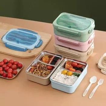 Ланч-бокс Bento из нержавеющей стали с посудой, герметичные переносные решетки для микроволновки, контейнеры для хранения продуктов, ланч-бокс для детей синий