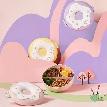 Ланч-бокс для детей, школьников, коробка для закусок, пончик, мультяшный герметичный бенто-бокс, сумки для обеда с вилкой, ложкой, 3 отделения, пригодные для использования в микроволновой печи жёлтый