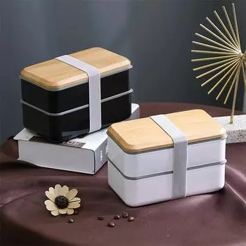 Ланч-бокс Wood Grain с большой емкостью, двухслойный, герметичный, для микроволновой печи, портативный контейнер для хранения продуктов питания