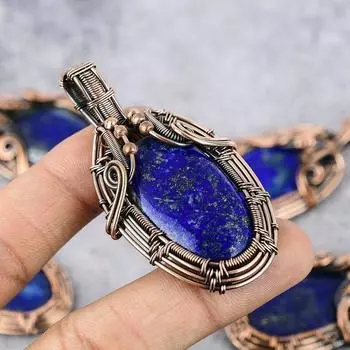 Lapis Lazuli Copper Pendant Copper Wire Wrapped Gemstone Pendant Copper Jewelry Designer Pendant Gifts For Wife, Unique Gifts For Mother синий
