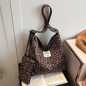 Large Capacity Commuter Tote Bag Female Leopard Print Canvas Bag Casual Simple Shoulder Messenger Bag коричневый