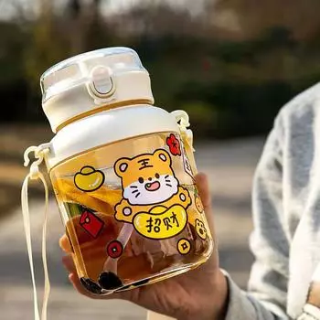 Large Capacity Cup With Strap Outdoor Double Straw Mug Sports Gym Drinking Tumbler Portable Cute Fitness Jug 1/1.3L Water Bottle