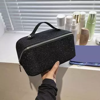 Large-Capacity Makeup Bag PU Leather Portable Travel Wash Cosmetic Bag Toiletries Organizer Stylish Female Handheld Storage Box золотой