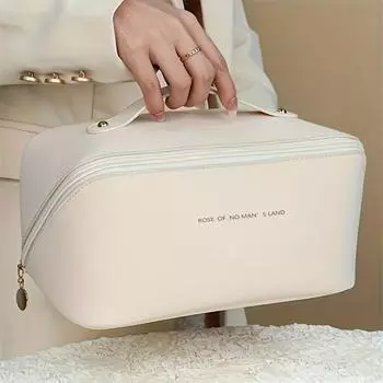 Large Capacity Waterproof Travel Makeup Bag with Dividers & Handle, Faux Leather Cosmetic Organizer for Toiletries & Accessories белый