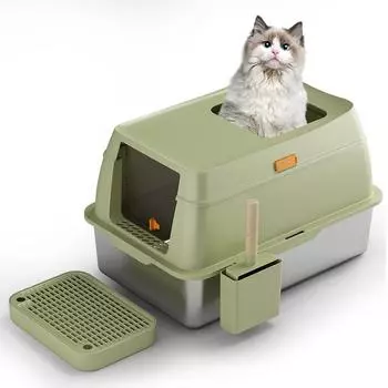 Large Cat Litter Box Fully Enclosed Deodorized Cats Toilet Tray Splash Proof Sandbox Stainless Steel Bedpans Pet Accessories армия зеленый