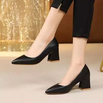 Large high-heeled shoes women 2024 new style thick-heeled pointed light-mouthed single black mid-heeled working women s shoes 35 чёрный