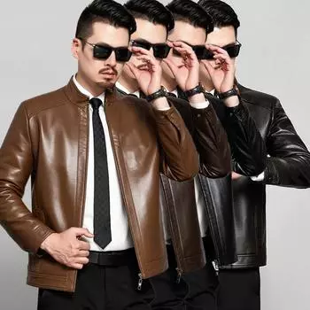 Большая мужская куртка из натуральной кожи весна, осень и зима новая овчина из натуральной кожи воротник-стойка модная кожаная куртка 170