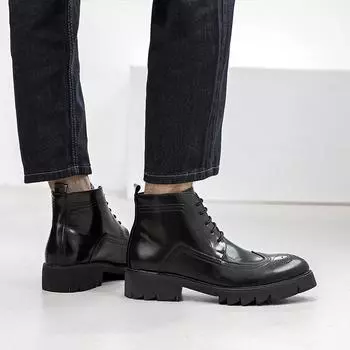 Large size47 Men s pointed high-top leather boots Casual leather shoes Men s Korean version Spring Genuine Leather 39 чёрный