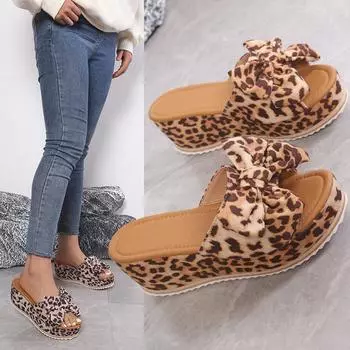 Large Size Bow Thick-soled Slippers Female Leopard Print Cloth One-character Slope Heel Cool Slippers 36 синий