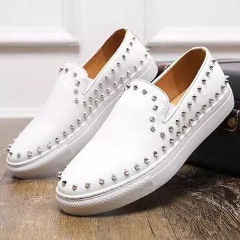 Large size four seasons new men s low-top casual fashion foot leather shoes trend rivet men s shoes 38 белый