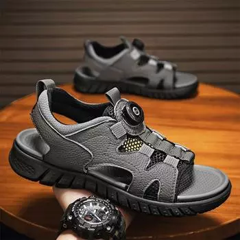 Large Size Leather Open-toed Sandals Men s Hollow Mesh Beach Shoes 38 чёрный