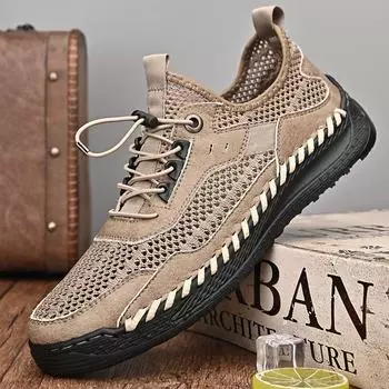 Large size mesh shoes men s leather hand-stitched mesh hollow breathable men s casual shoes outdoor boarding Shoes 38 коричневый