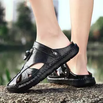 Large size outdoor beach shoes handmade bag head and feet two hole shoes half slippers cool Shoes 38 чёрный