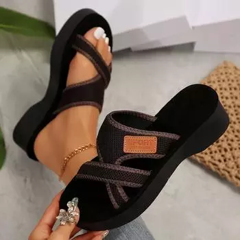 Large size solid color 2025 summer new round head fashion casual cross one-word thick-soled slippers women 36 серый
