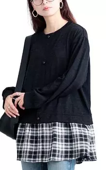 Large Size Tunic Long Sleeve Faux Layered Check Pattern Fake Cardigan Stretchable Winter Coordination Autumn Winter Spring 5L Black [Gold Japan] чёрный