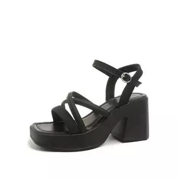 Large size waterproof table slope heel sandals women s new square head thin belt buckle women s shoes wear one word with thick heels high heels 35