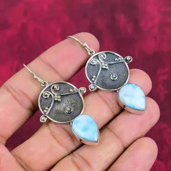 Серьги из цельного серебра 925 пробы с ларимаром, серьги с драгоценными камнями ручной работы на День памяти 2.24 Inches синий