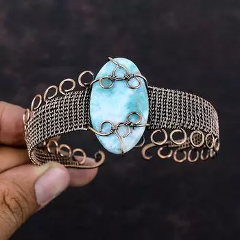 Larimar Gemstone Bangle Adjustable Cuff Bracelet Copper Wire Wrapped Bangle Handmade Jewelry Amazing Bangle Copper Wire Jewelry Gift For Her